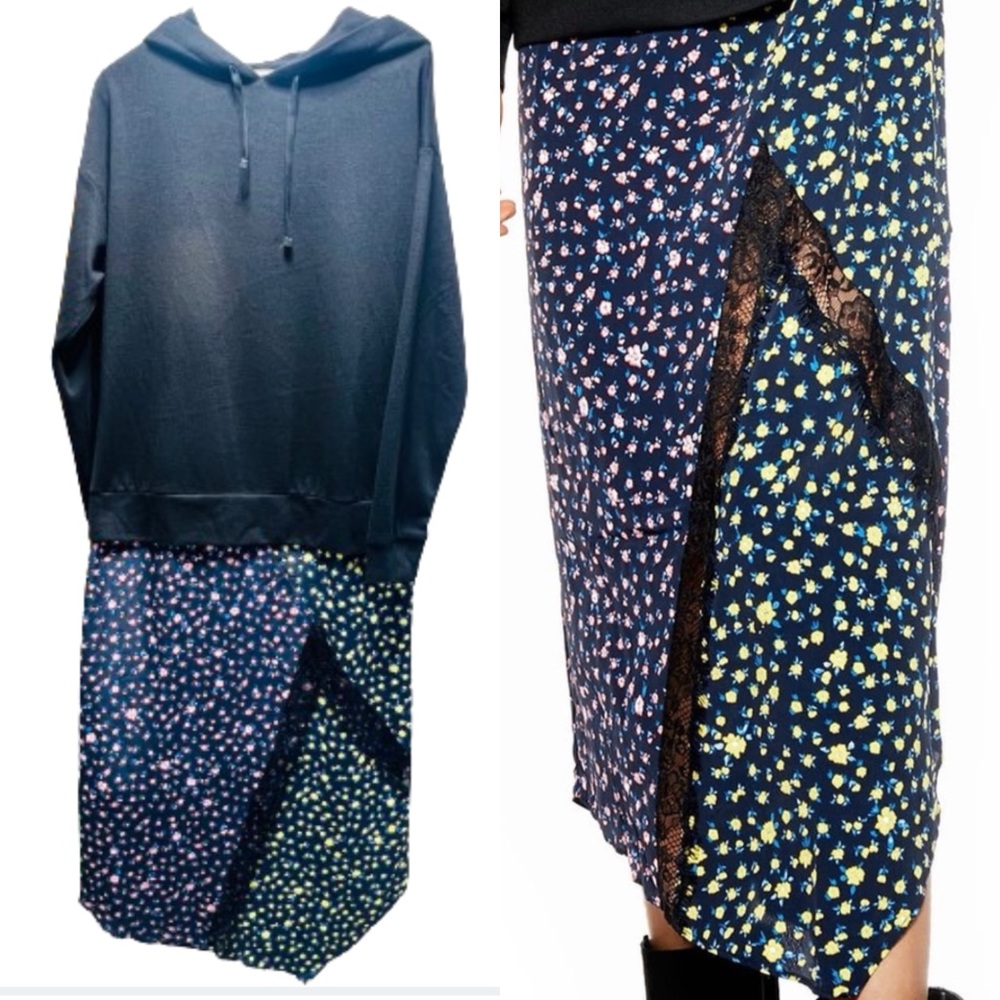 TOPSHOP Hoodie Sweatshirt Hybrid Floral Lace Asymmetrical Hem MIDI Dress Size 4
